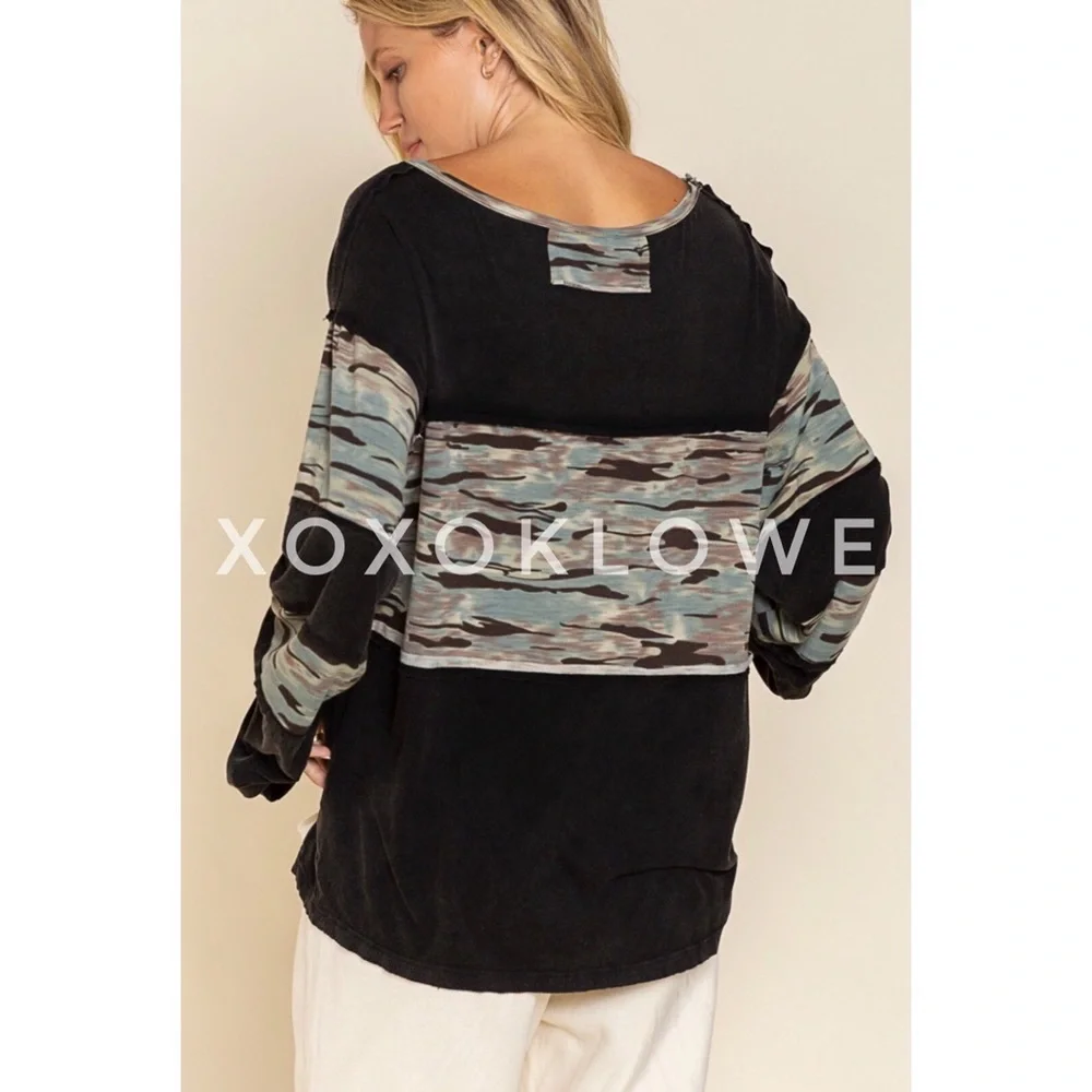 POL Long Sleeve Premium Tee Camo Print Color Block Relaxed Fit Layering - Picture 5 of 8